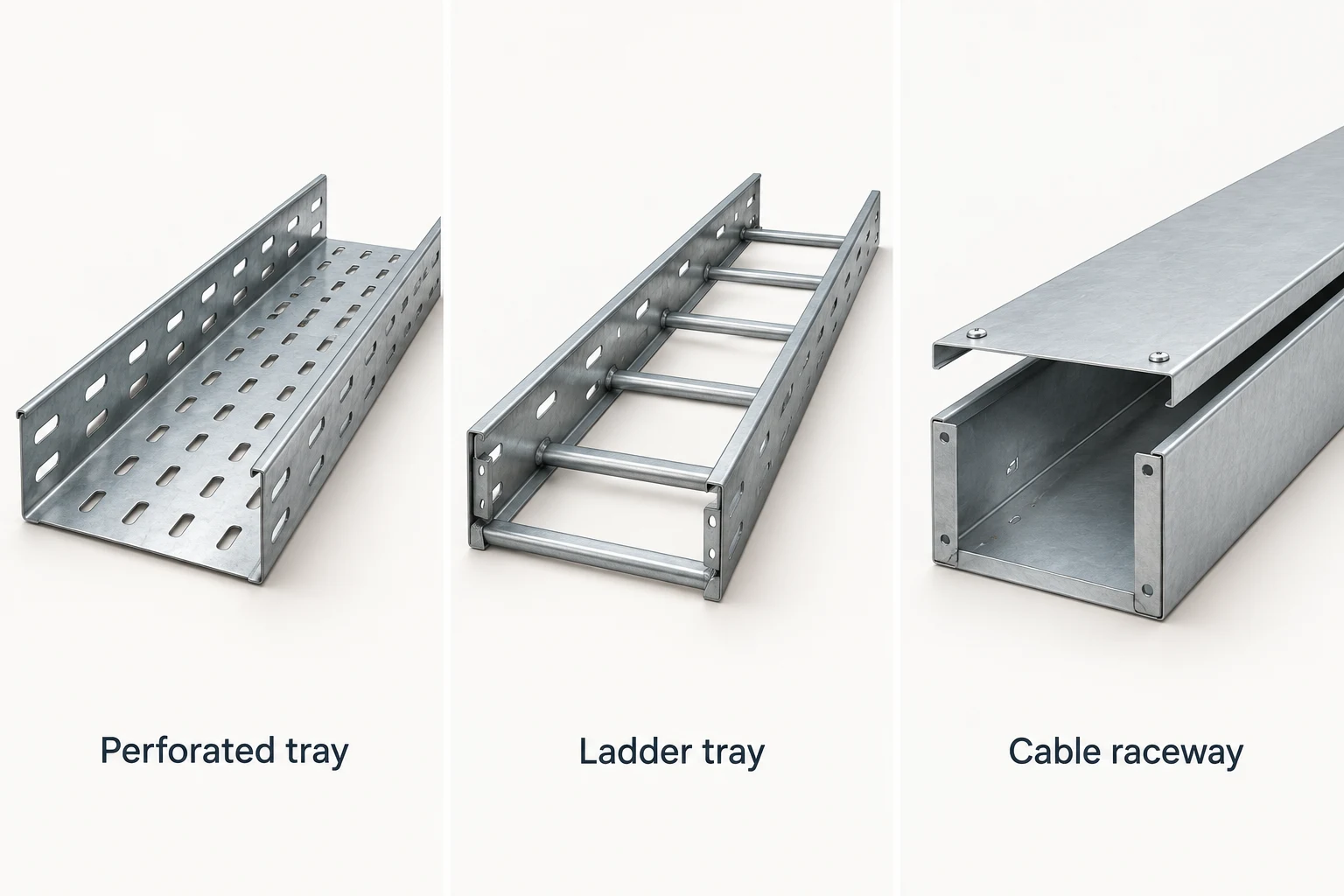 Perforated tray, open ladder tray and covered cable raceway product comparison