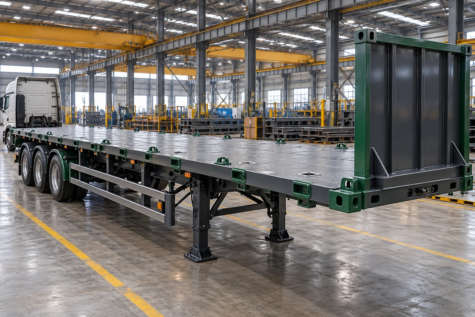 Heavy duty flatbed semi trailer structure in fabrication plant