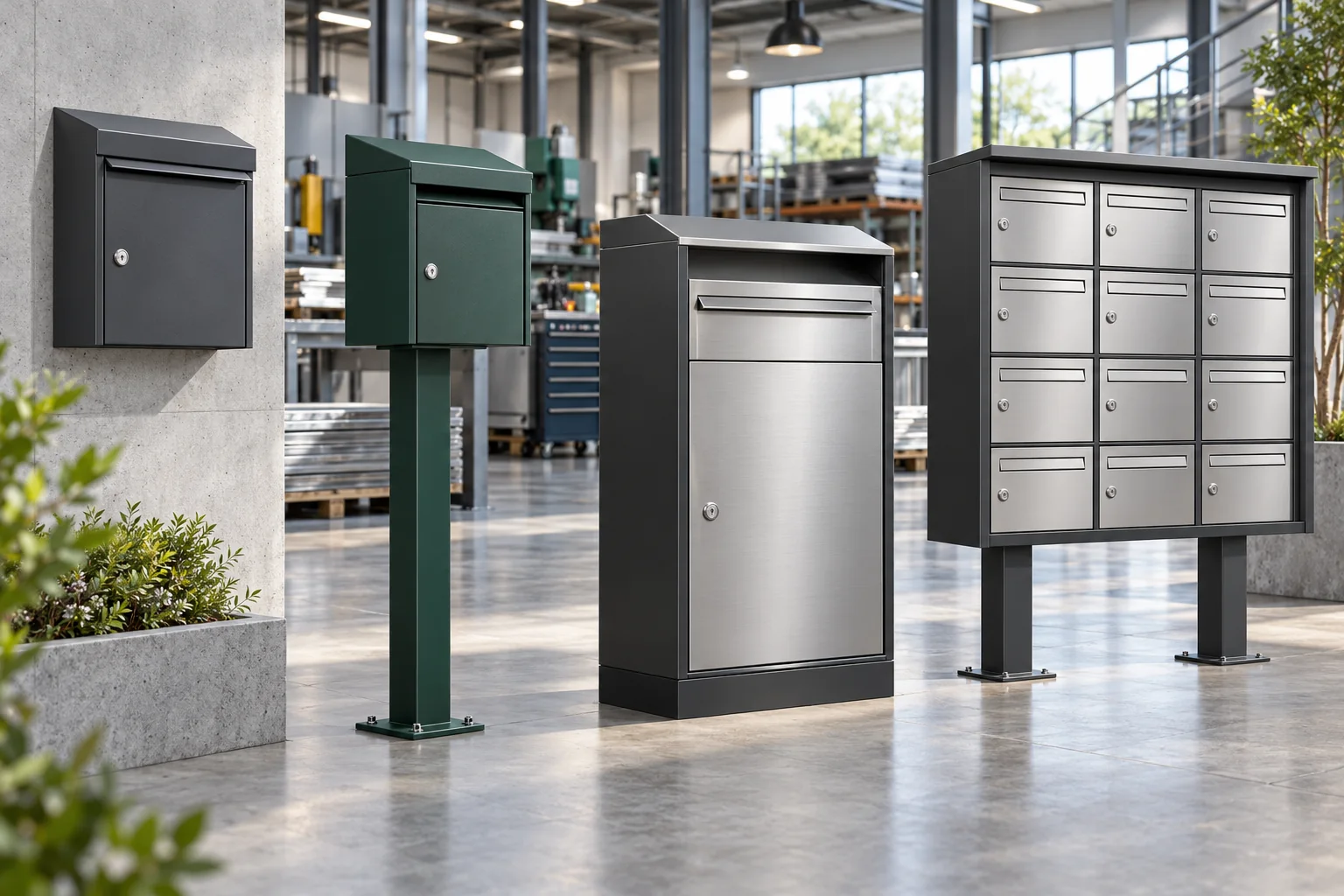 Range of metal wall mounted post mounted parcel and multi compartment mailboxes