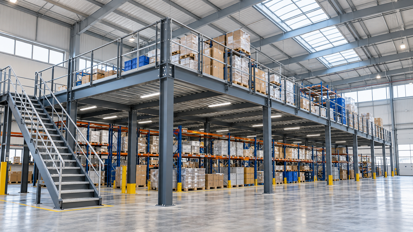 Steel mezzanine project with storage racks and staircase in a warehouse