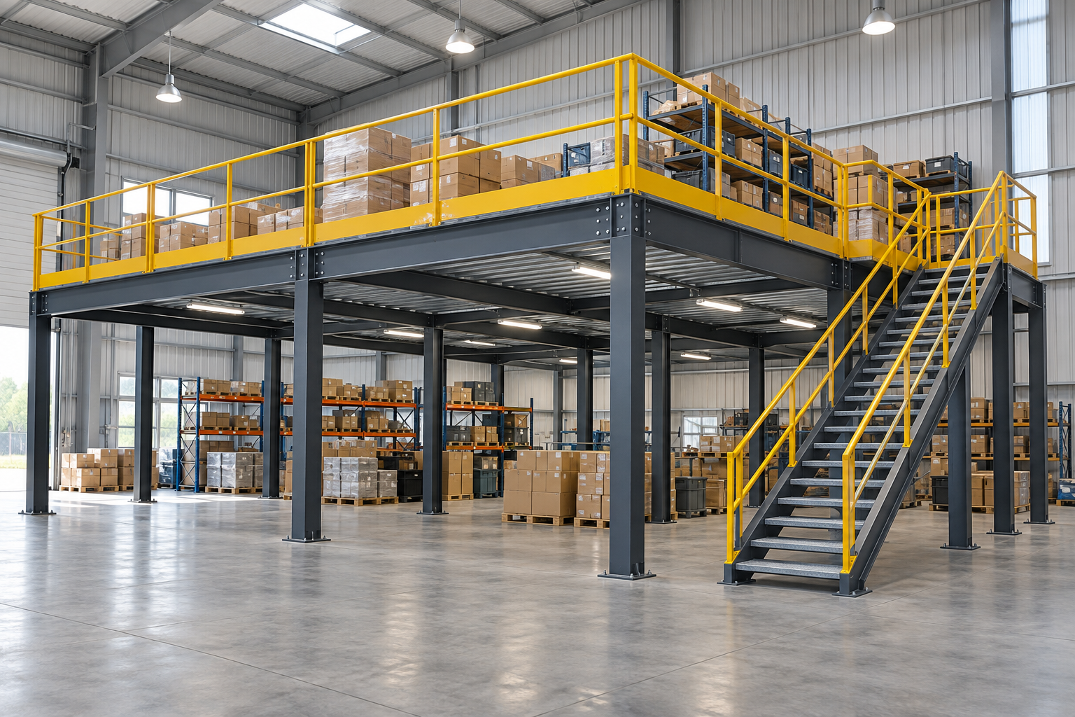 Illustrative steel mezzanine floor with storage above and below, safety railings and a staircase