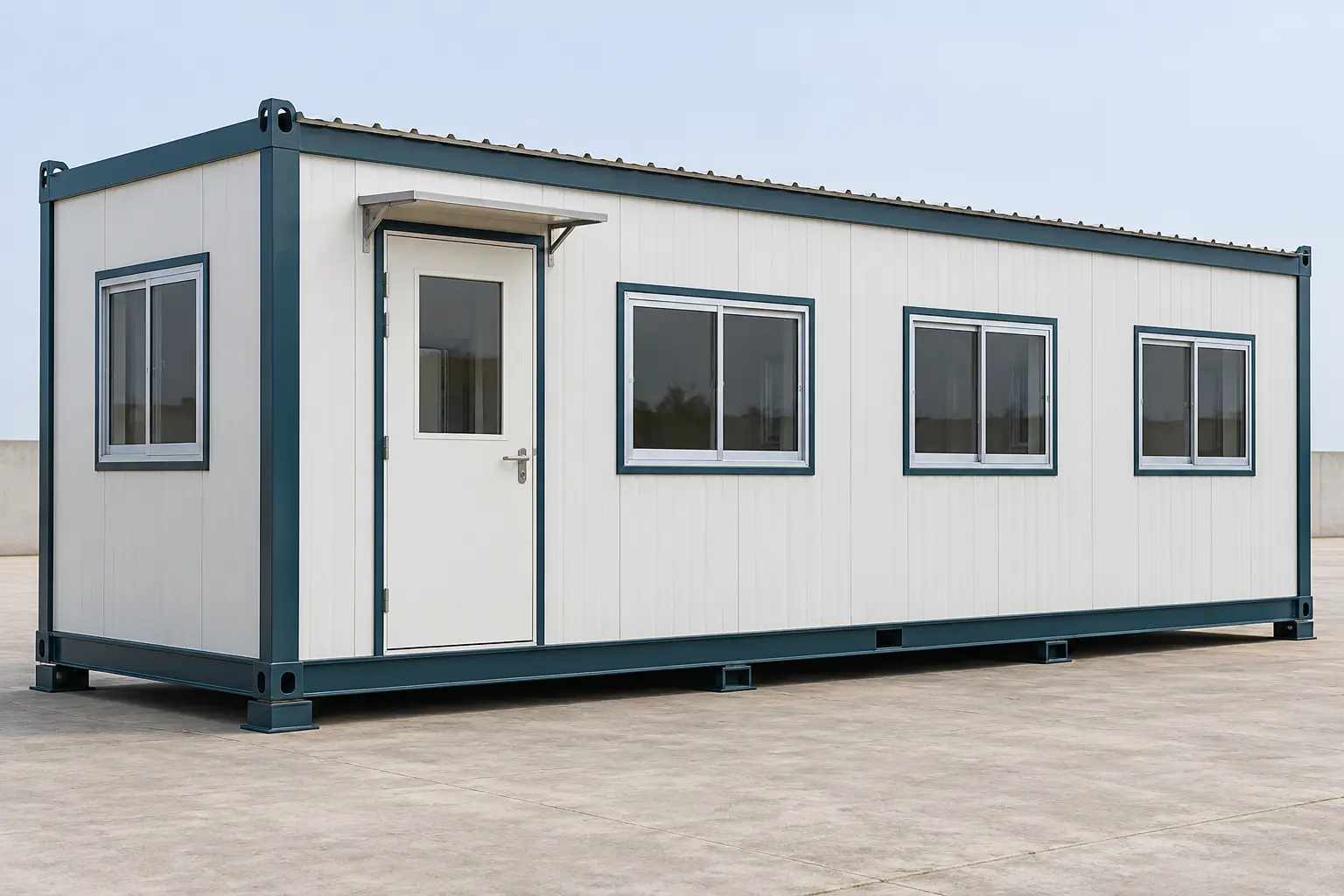 Portable site office with steel-faced insulated wall panels, windows and fabricated steel base