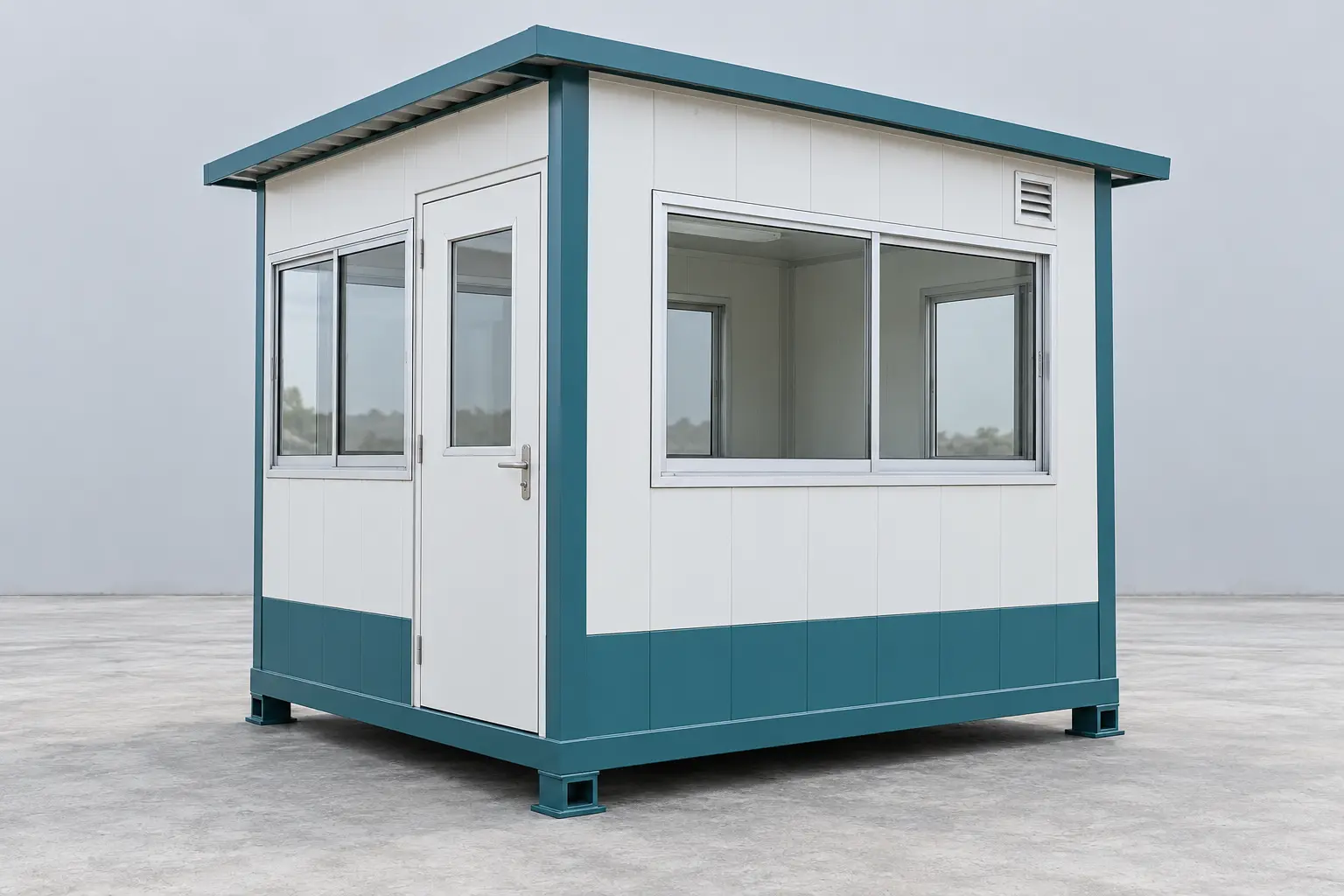 Steel-faced insulated guard cabin with observation windows