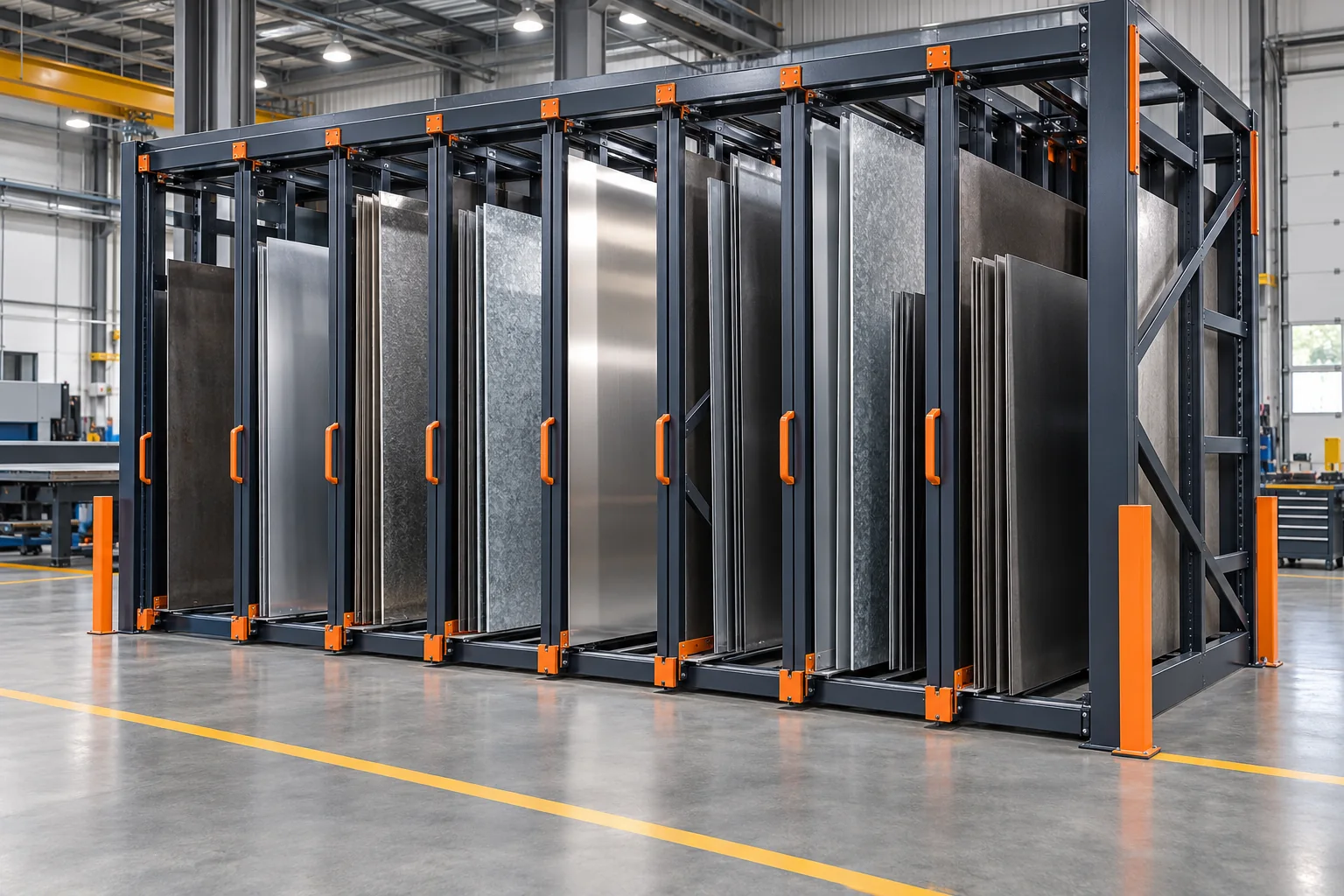 Vertical pull out sheet metal storage rack with separated steel and stainless sheets